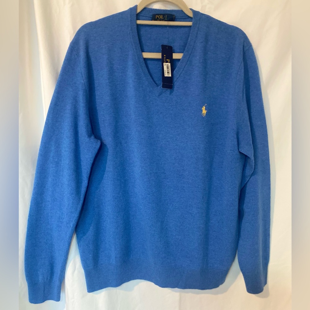 Polo Ralph Lauren Men's Blue V-Neck Sweater 100% Merino Wool SZ Large - Picture 2 of 6